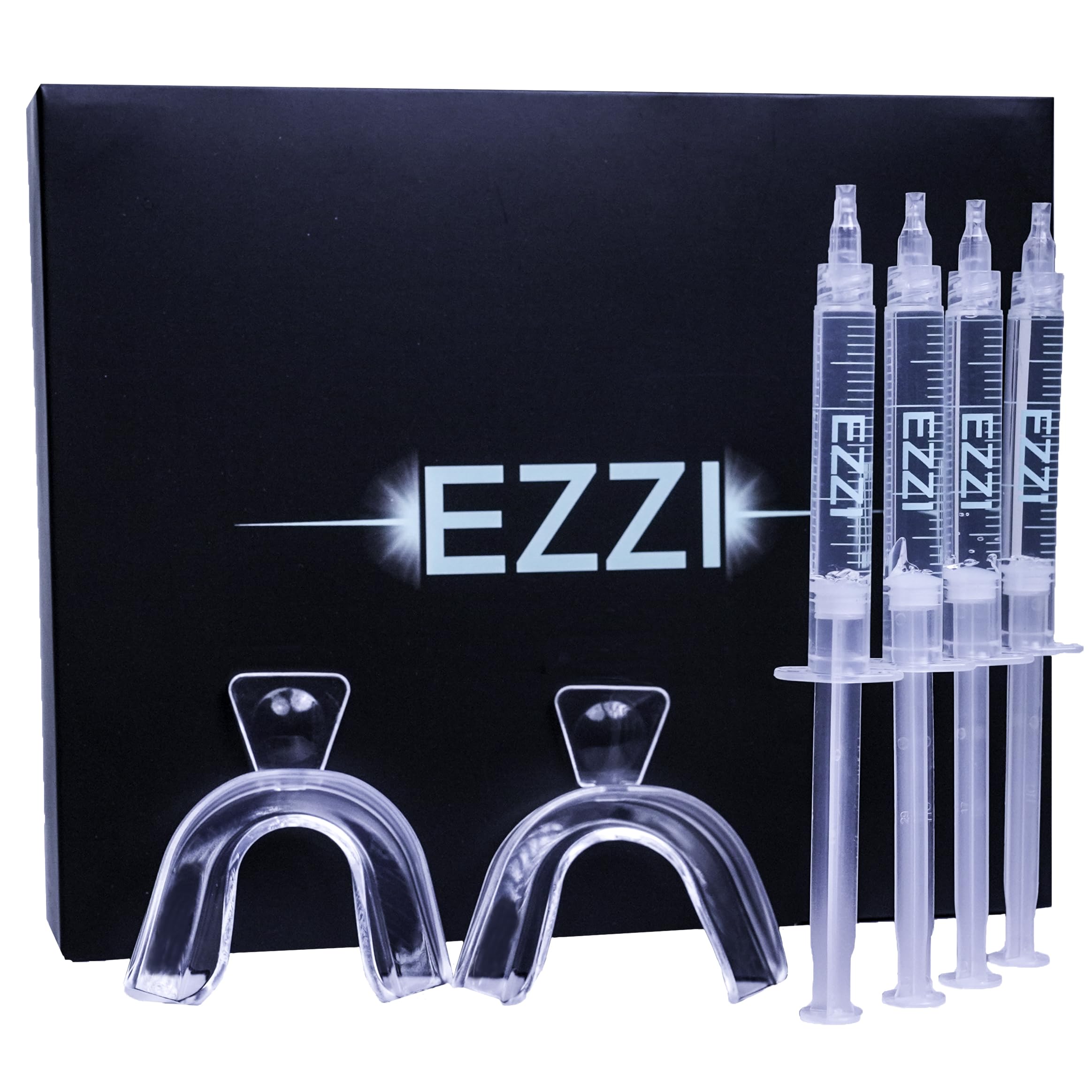 EZZI Teeth Whitening Kit open box with syringes and trays for at-home whitening.