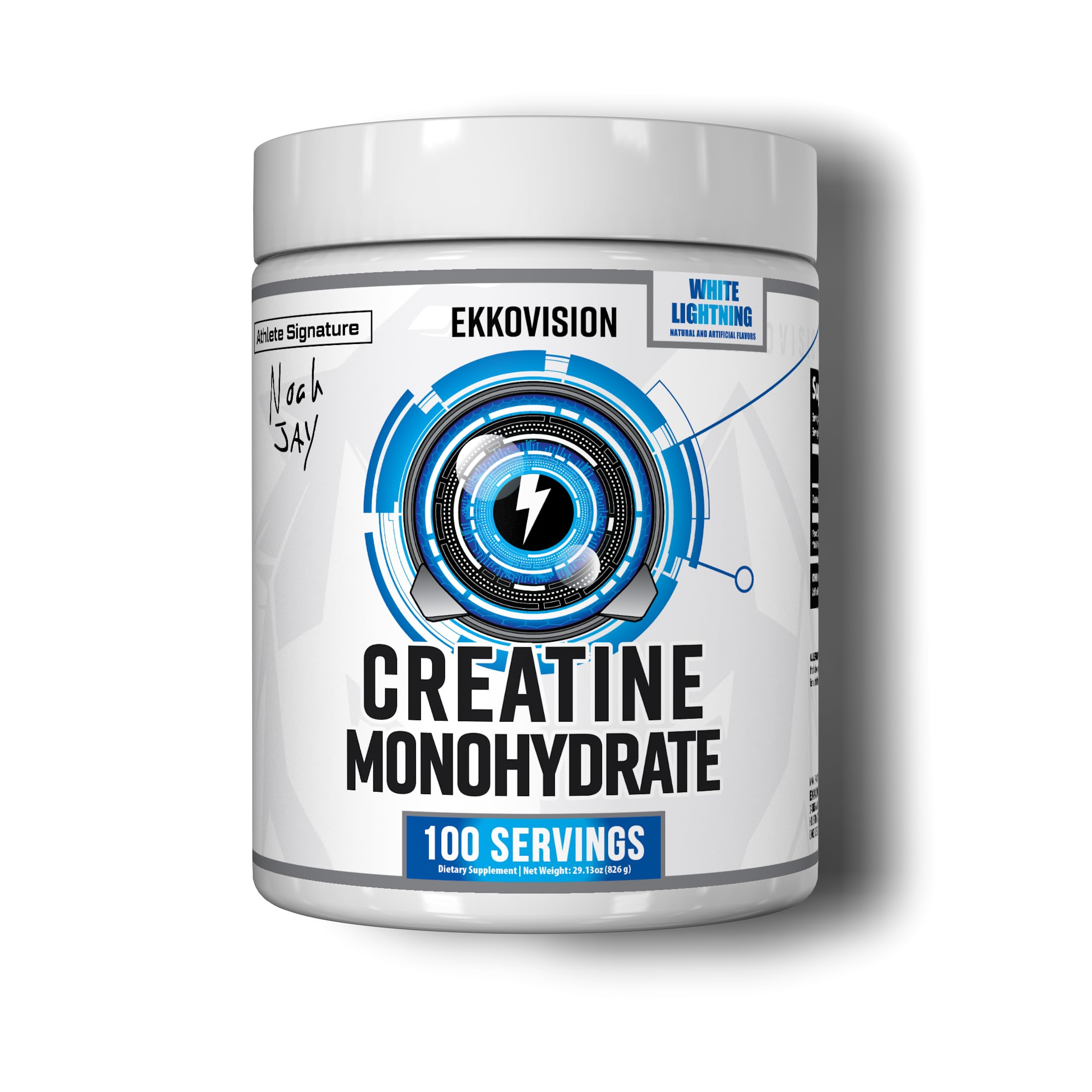 Ekkovision Creatine Micronized Powder bottle shows easy-dissolve formula for workouts.