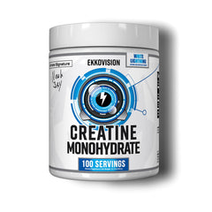 Ekkovision Creatine Micronized Powder bottle shows easy-dissolve formula for workouts.