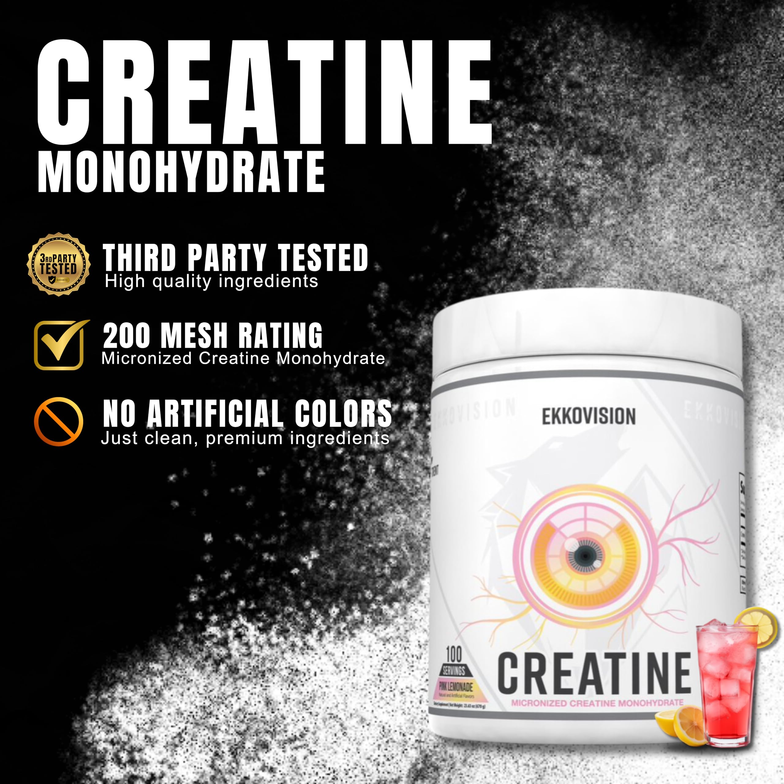 Ekkovision Creatine micronized powder closeup showing smooth mixing for shakes.