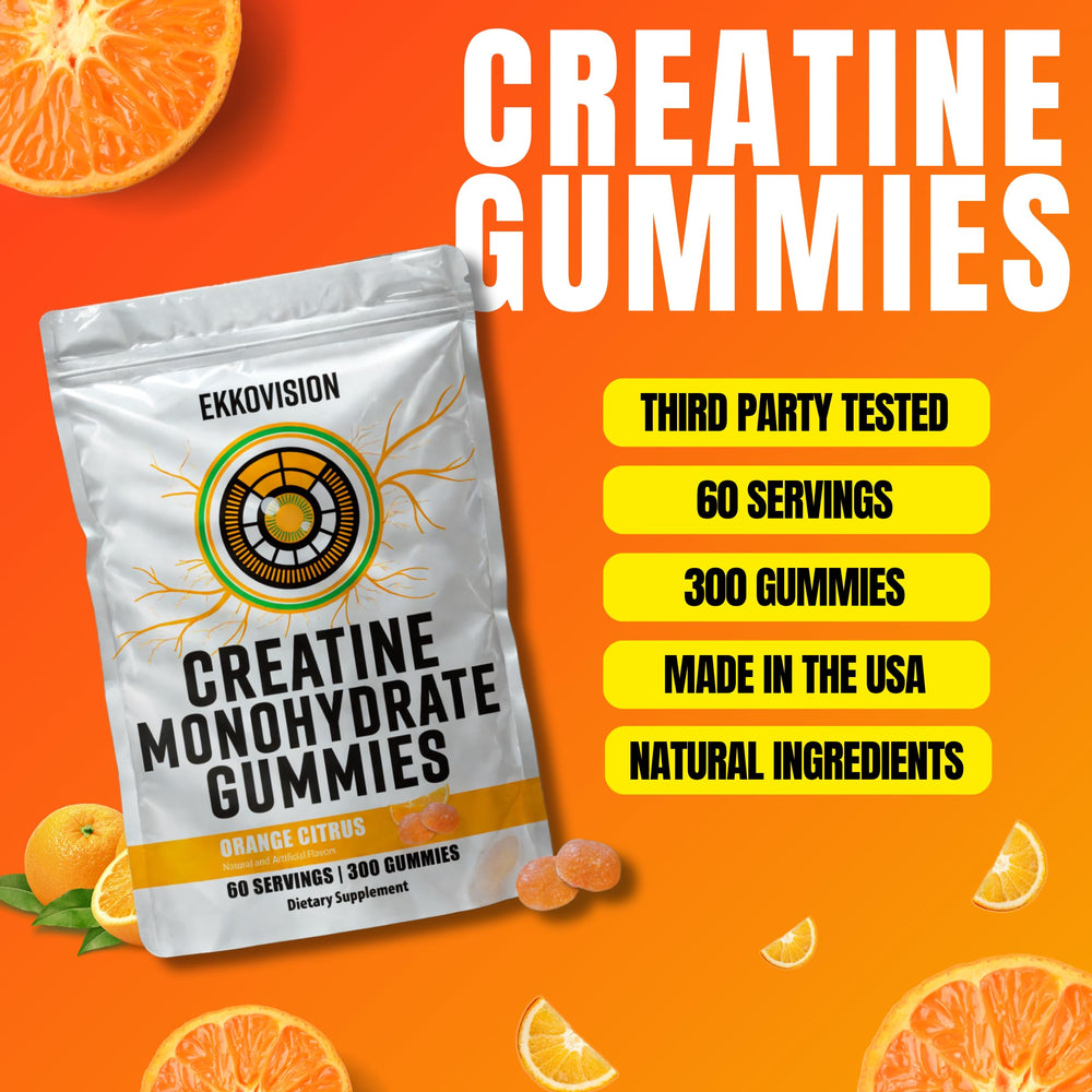 Ekkovision Creatine Monohydrate Gummies 5g serving display demonstrates precise daily dose for workouts.
