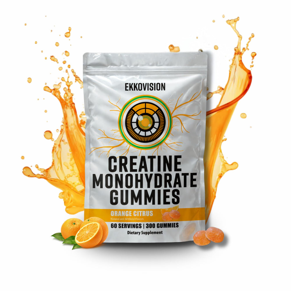 Ekkovision Creatine Monohydrate Gummies orange citrus bottle showing convenient, sugar-free pre-workout support.