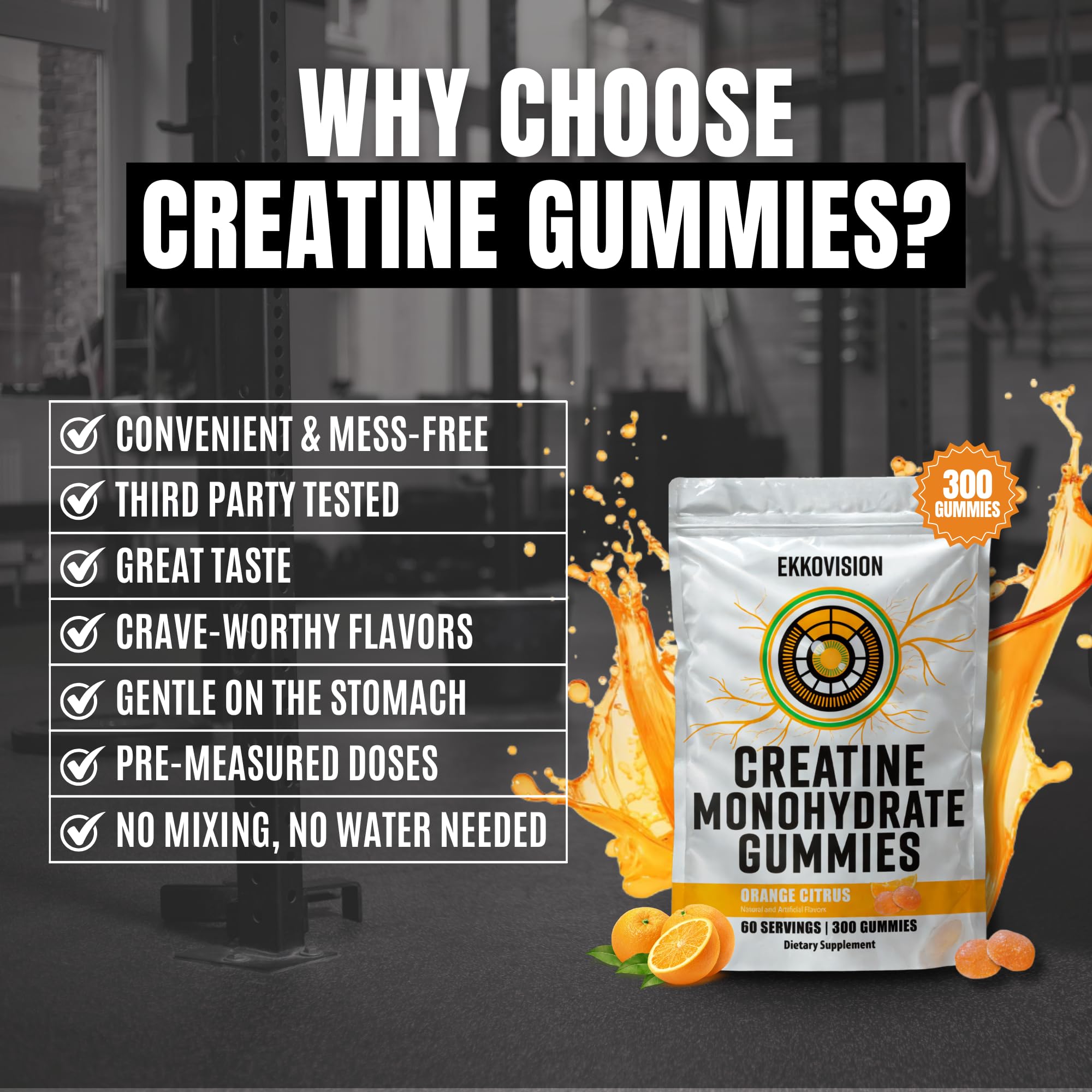 Ekkovision Creatine Monohydrate Gummies vegan, low-carb label signals keto-friendly option.