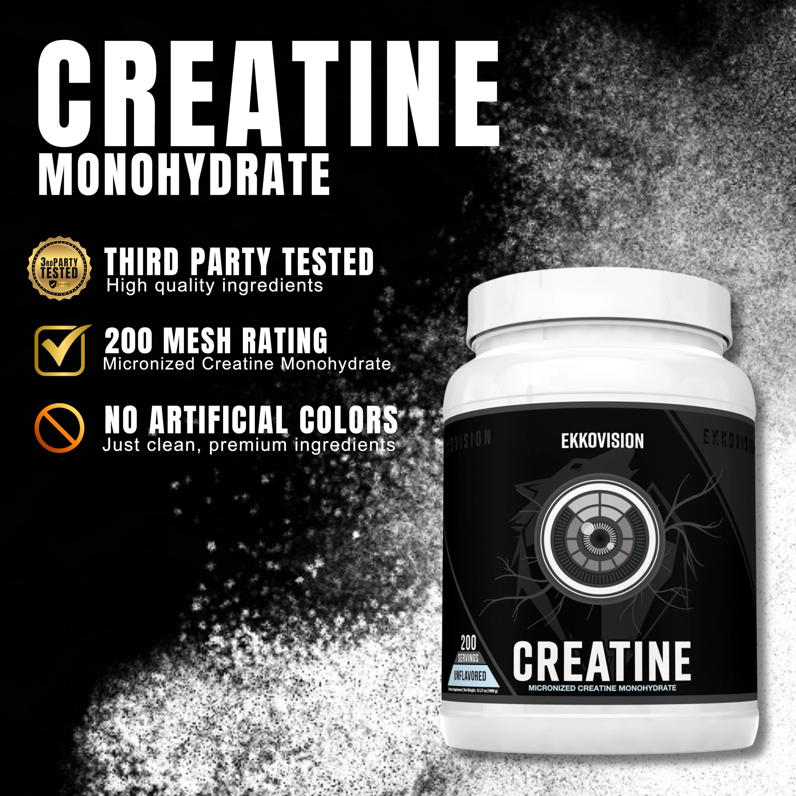 Ekkovision Creatine Monohydrate bottle shows unflavored versatility for any drink.