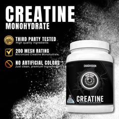 Ekkovision Creatine Monohydrate bottle shows unflavored versatility for any drink.