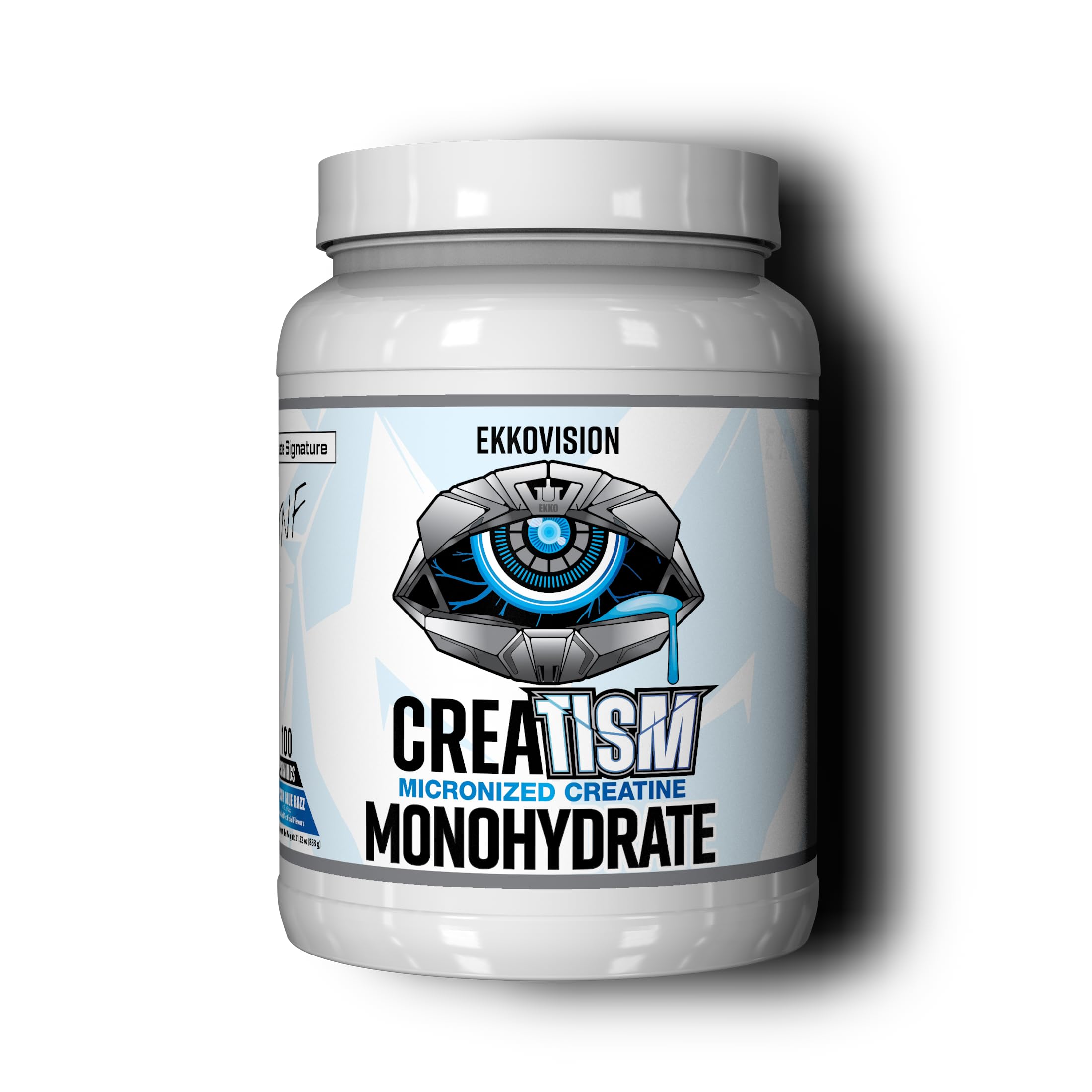 Ekkovision Creatine Monohydrate Powder label with Blue Razz, convenient energy support.