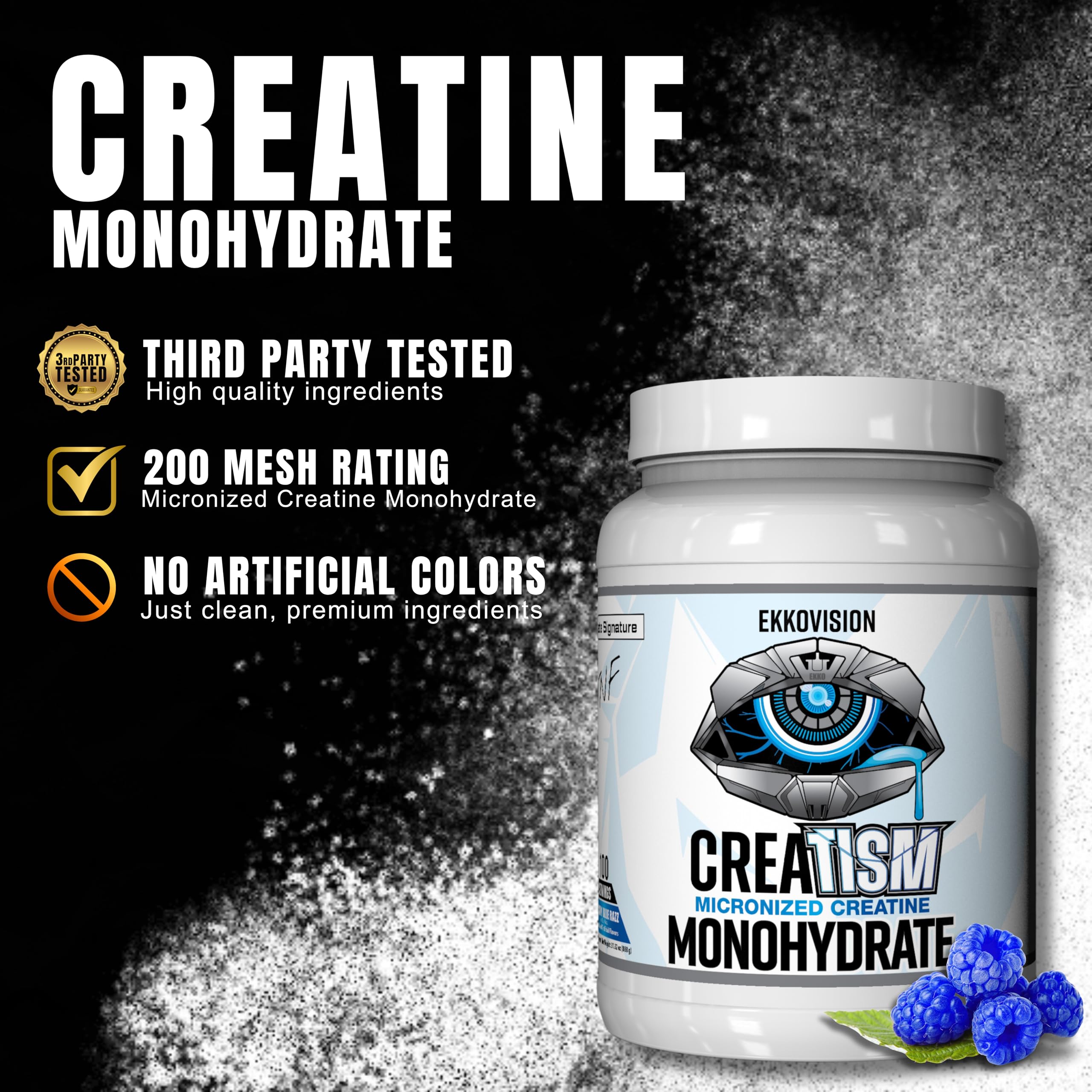 Ekkovision Creatine Monohydrate Powder scoop dispensing for precise serving.