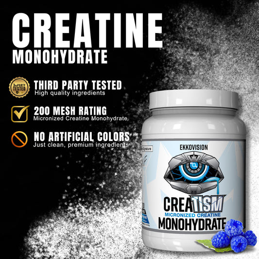 Ekkovision Creatine Monohydrate Powder scoop dispensing for precise serving.