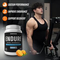 Ekkovision Endure intra orange bottle nutrition panel highlights ingredients for intra-workout fueling
