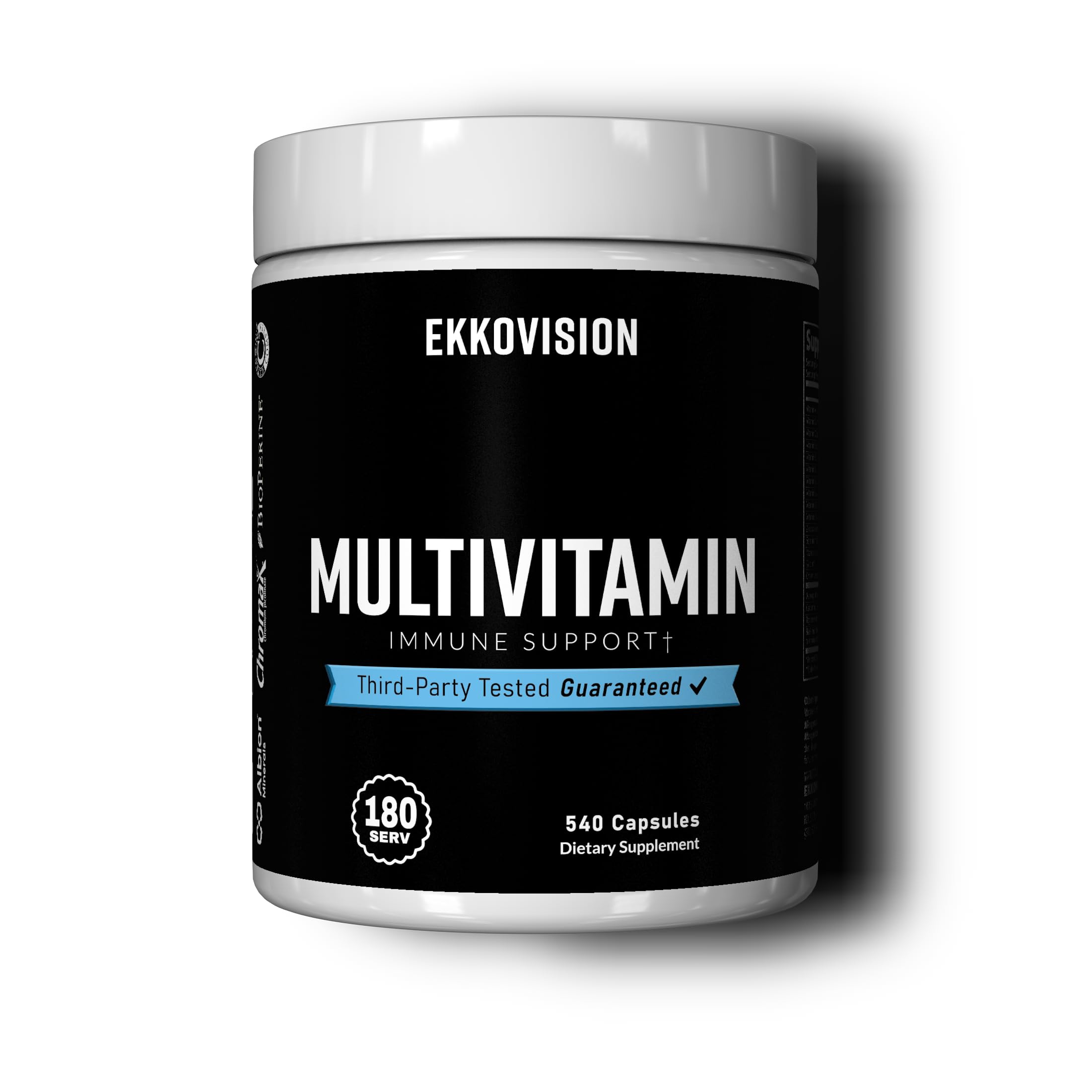 Ekkovision multivitamin bottle front showing 540 veggie capsules for a 180-day supply.