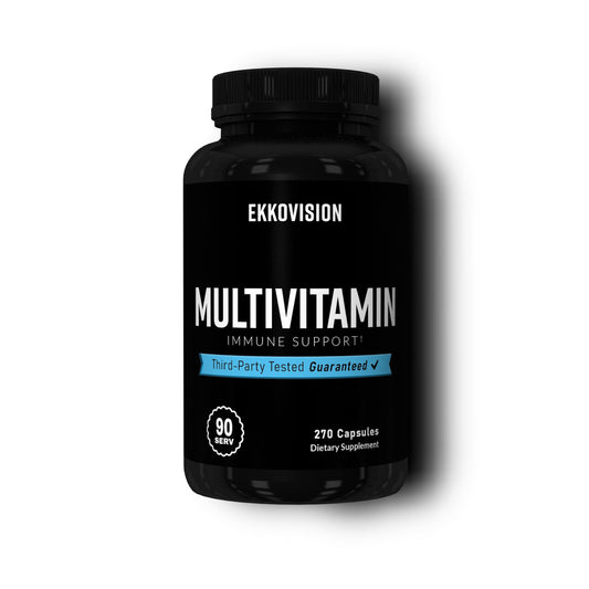 Ekkovision multivitamin bottle front, iron-free plant-based daily wellness