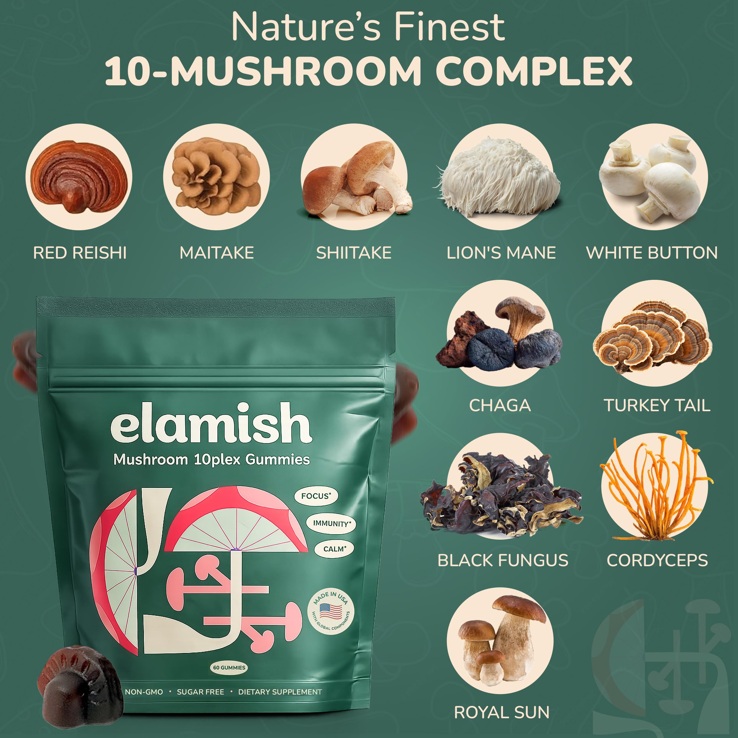 Elamish Mushroom Gummies bottle open showing convenient dosing on the go.