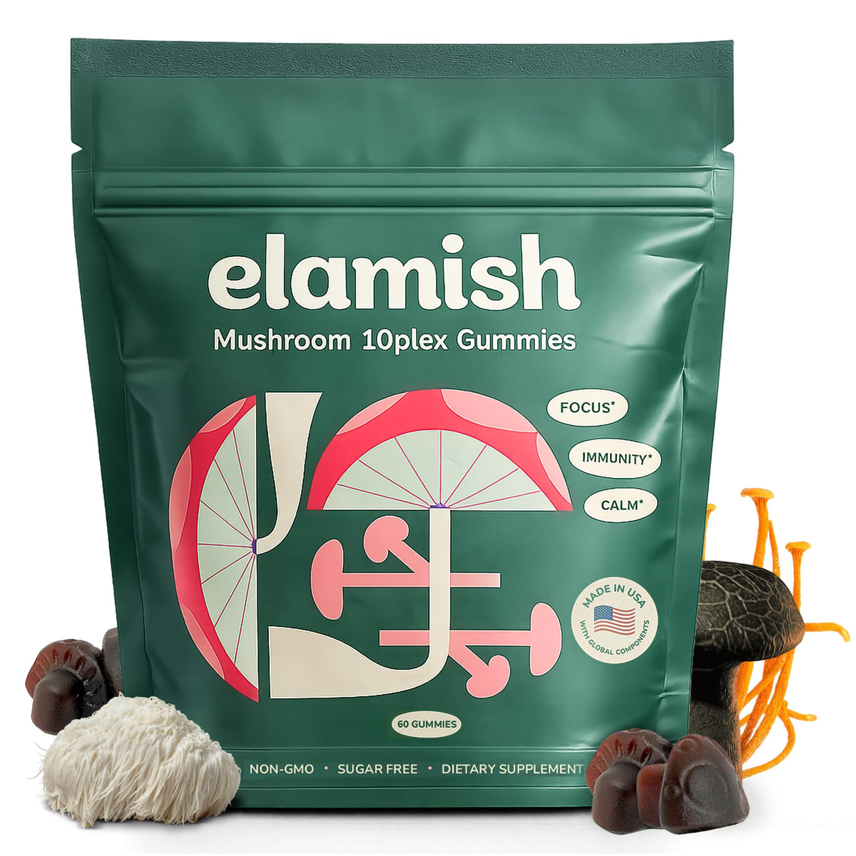 Elamish Mushroom Gummies jar front for daily focus and mental clarity.
