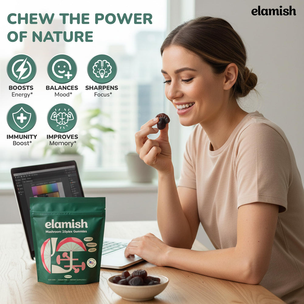 Elamish Mushroom Gummies serving two highlights a potent 2500 mg blend.