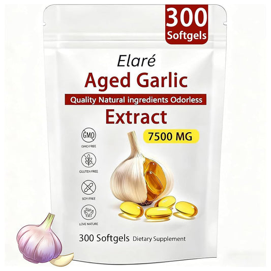 Elare aged garlic extract bottle with odorless formula for daily wellness.
