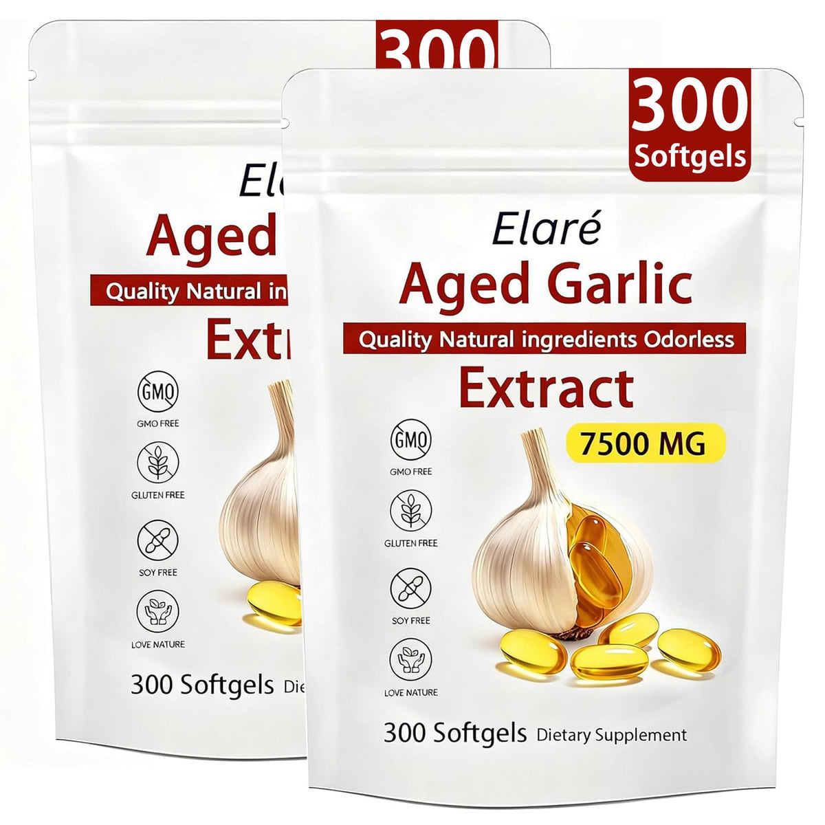Elare aged garlic softgels bottle pour for convenient daily antioxidant support.