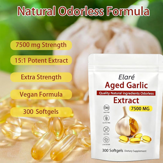 Elare odorless garlic softgels in bottle, easy daily use.