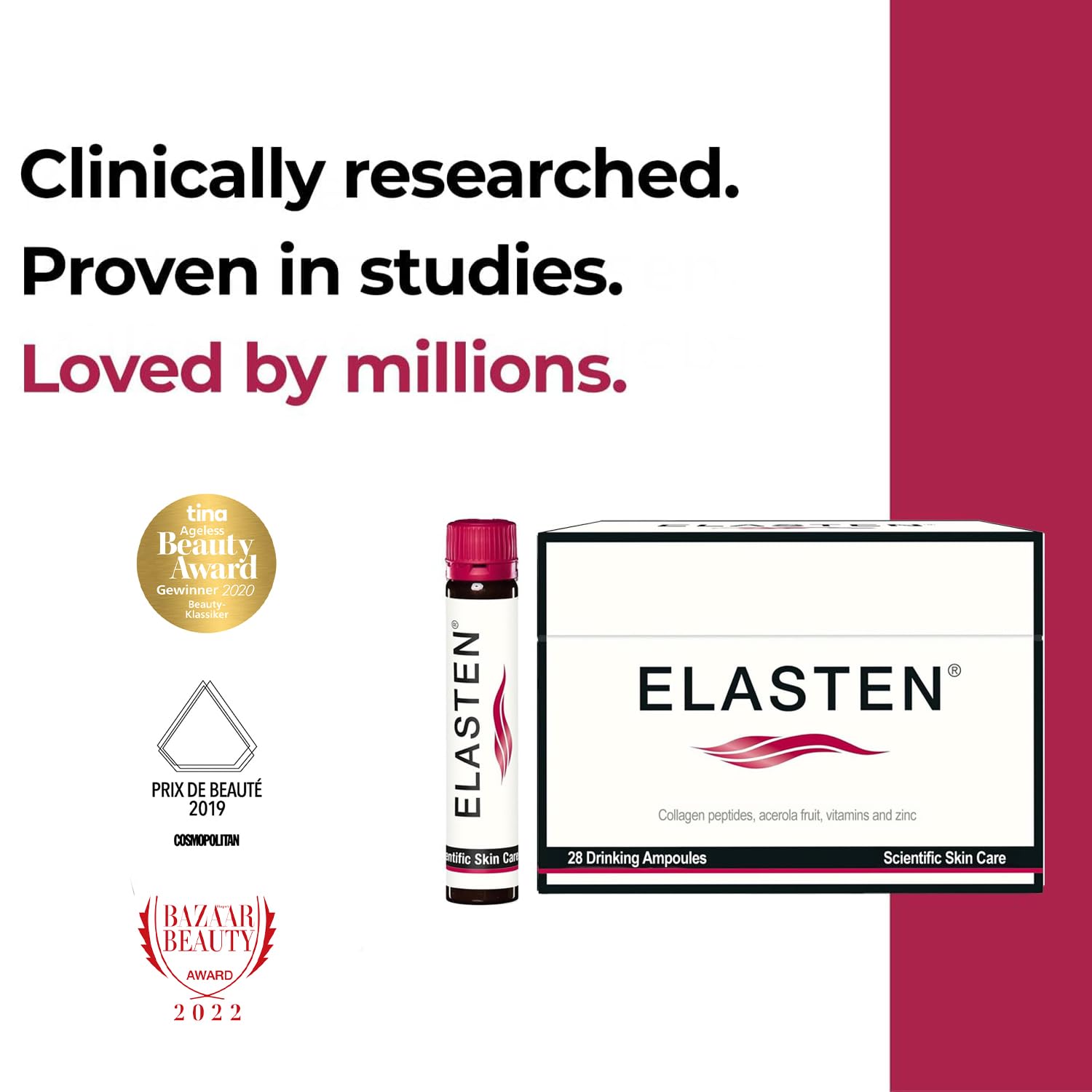 Elasten hydrolyzed collagen peptides support absorption and skin structure.