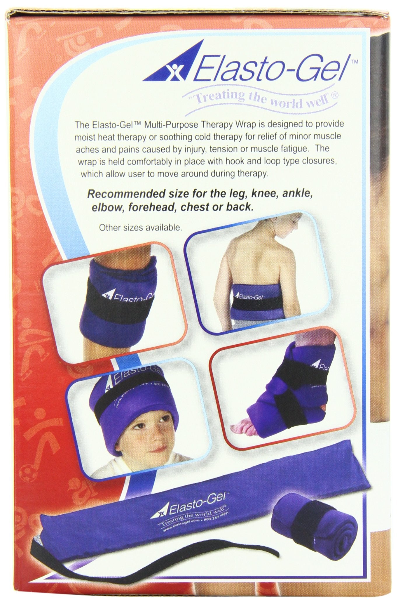 Knee wrap using Elasto-Gel for focused cooling or warming relief.