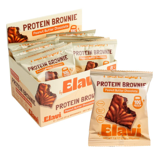 ELAVI Peanut Butter Chocolate Protein Brownie packaging showcases vegan, gluten-free snack option