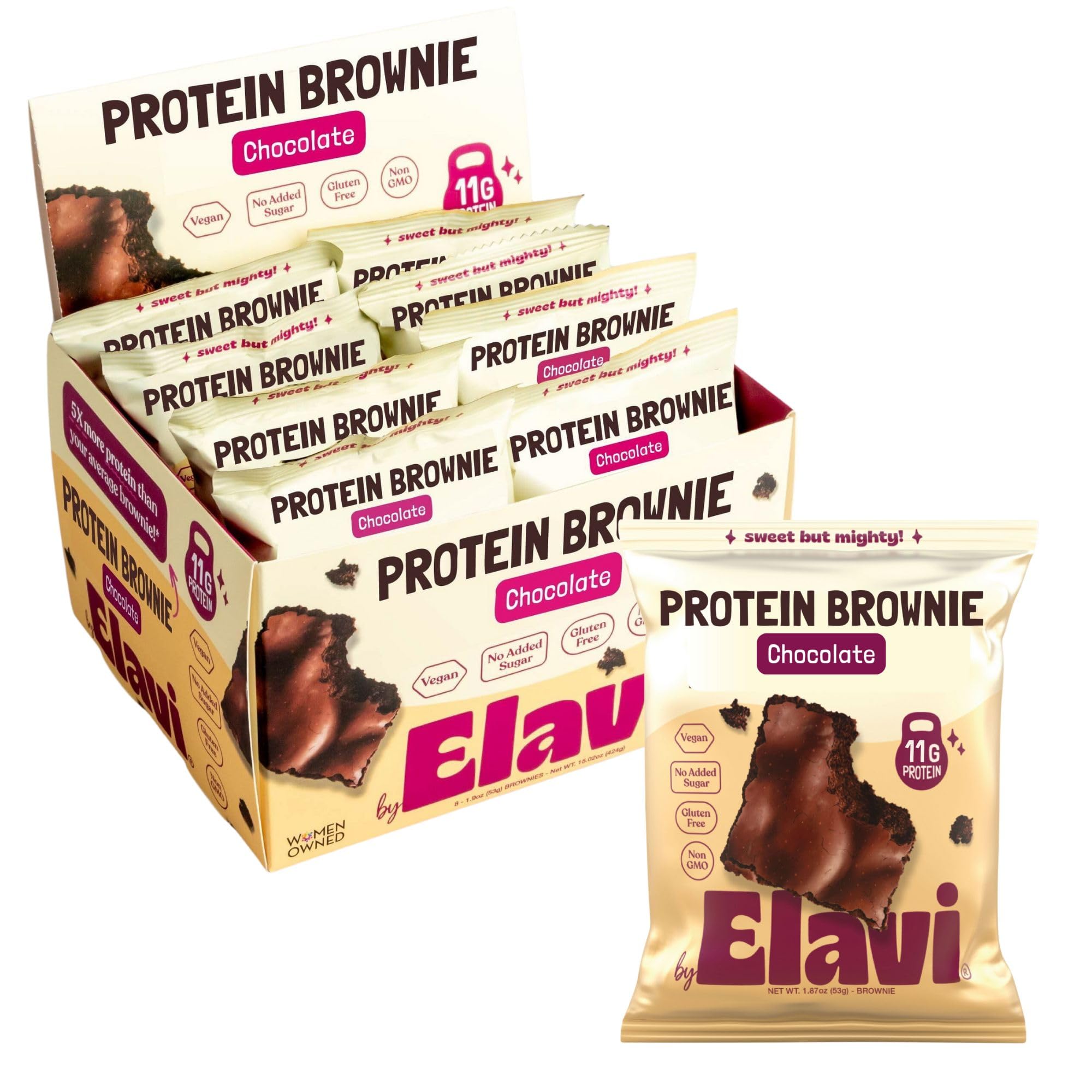 ELAVI Protein Brownie chocolate fudge slice showing rich texture and 11g protein per serving