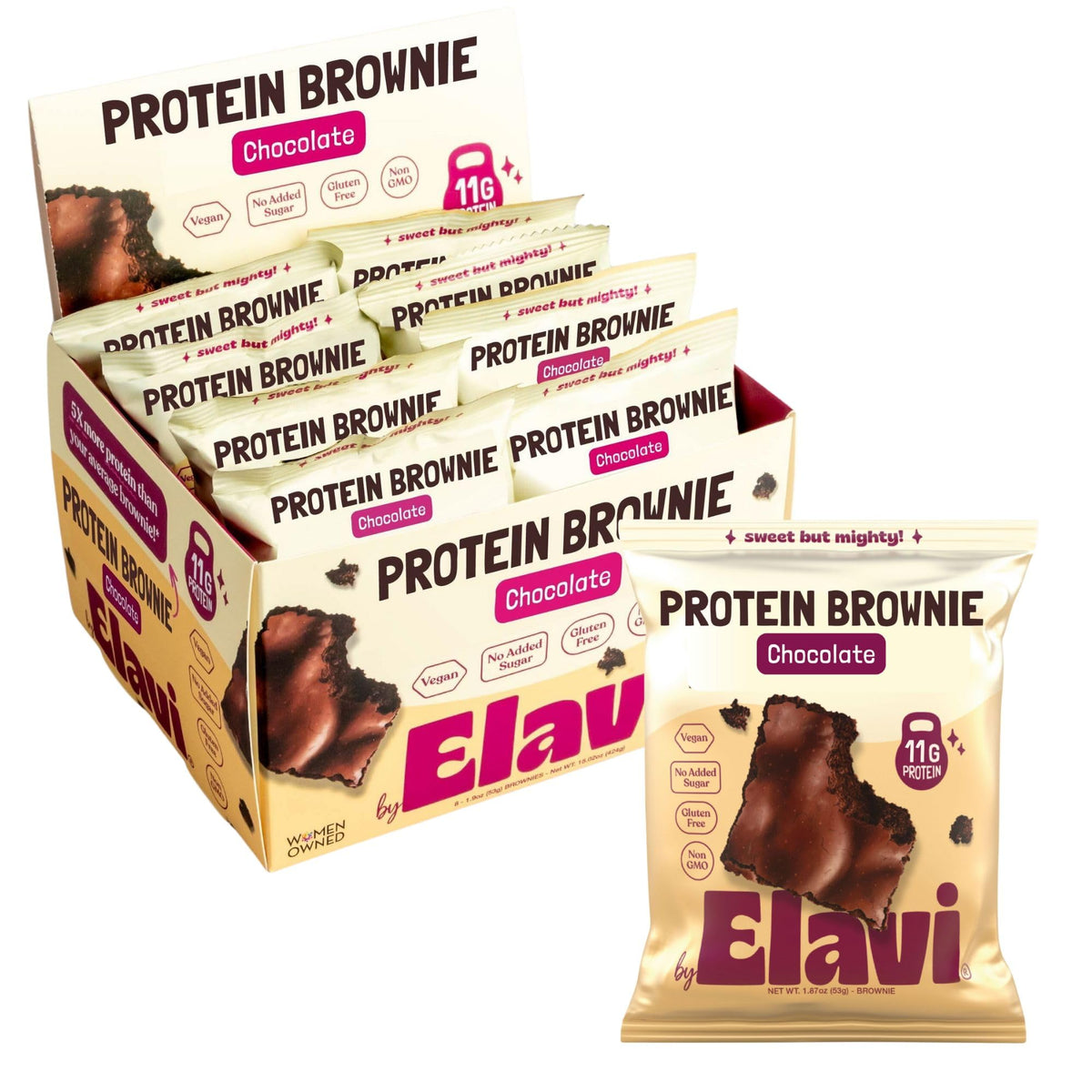 ELAVI Protein Brownie chocolate fudge slice showing rich texture and 11g protein per serving