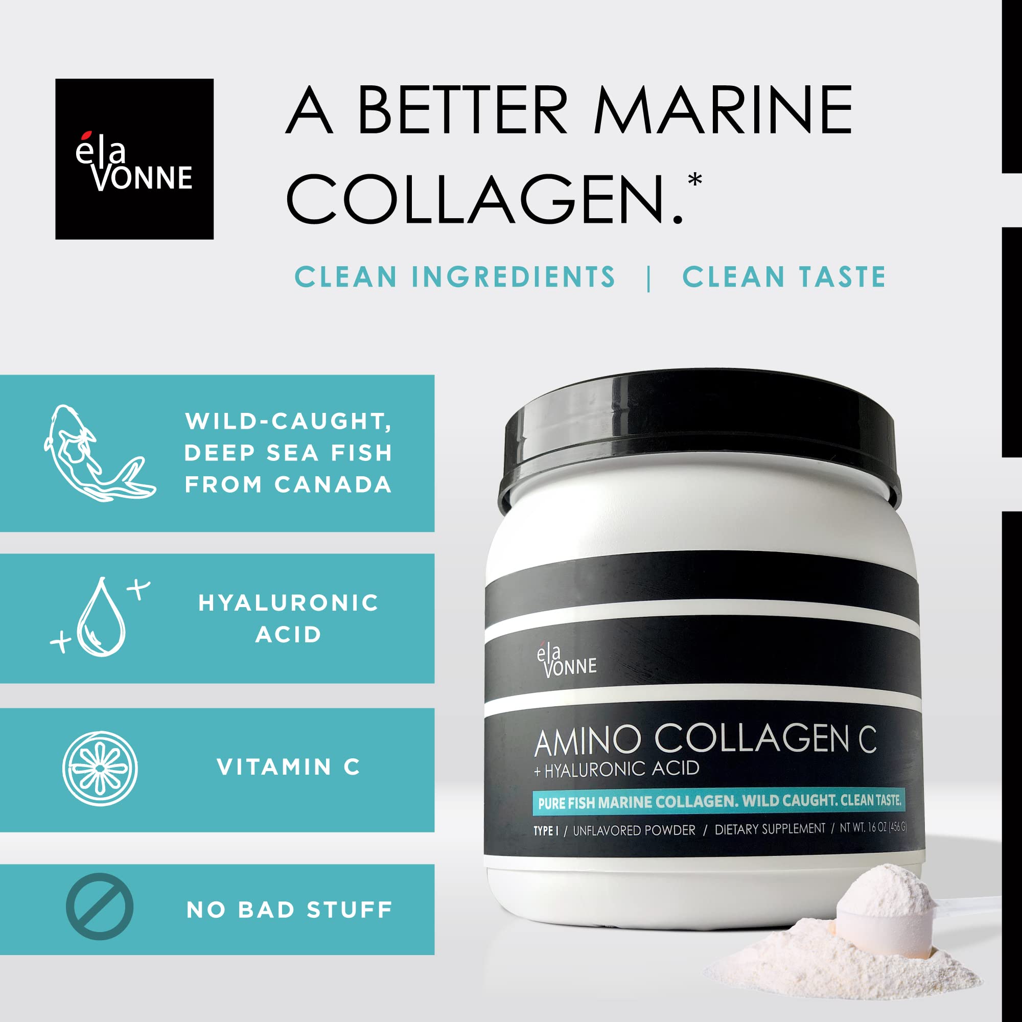 E´LAVONNE Amino Collagen C unflavored powder blends into drinks