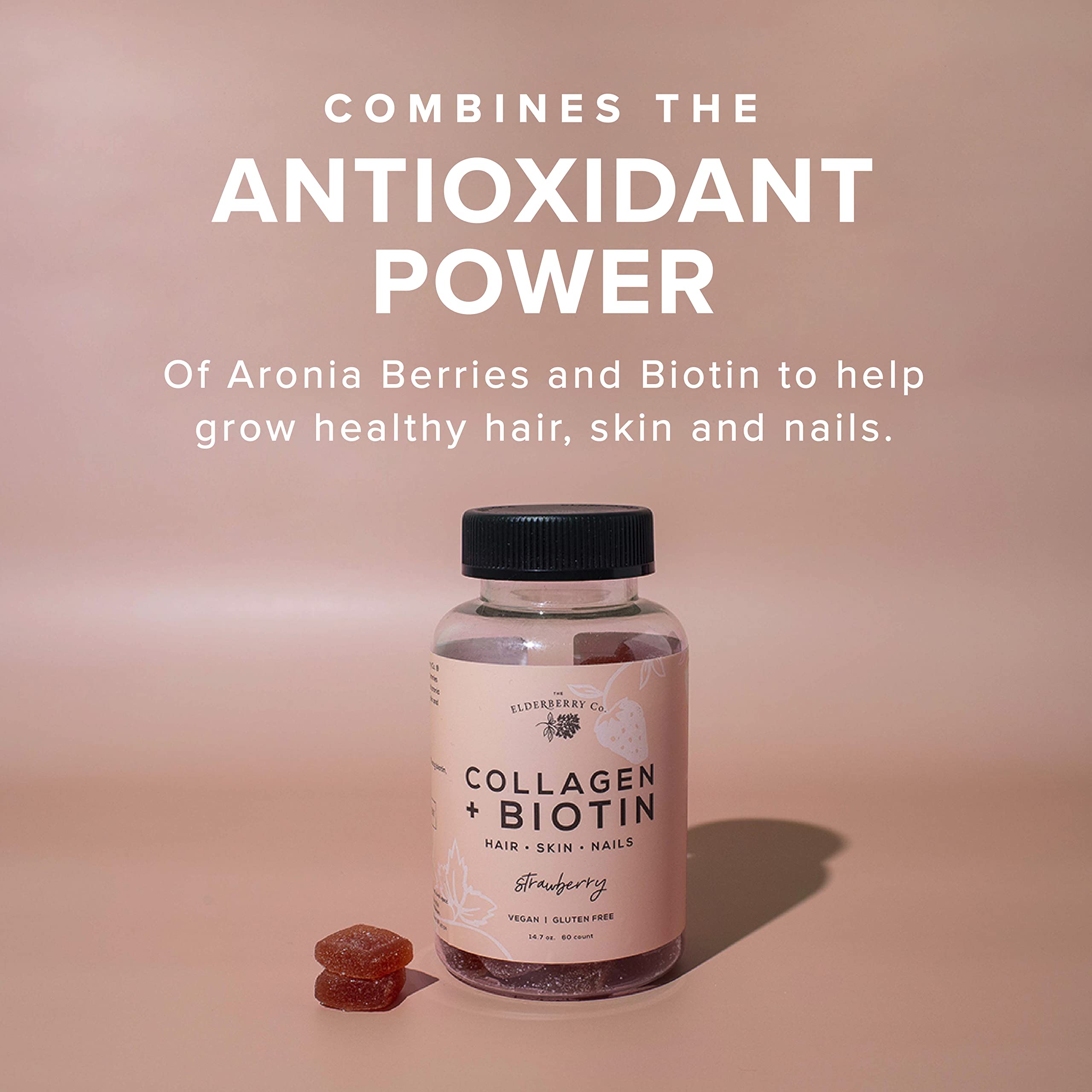 Close-up of The Elderberry Co. gummies showing collagen and aronia berries.