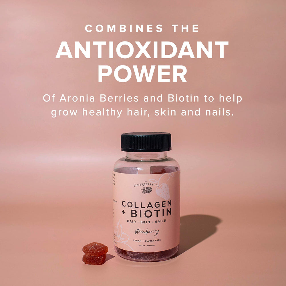 Close-up of The Elderberry Co. gummies showing collagen and aronia berries.