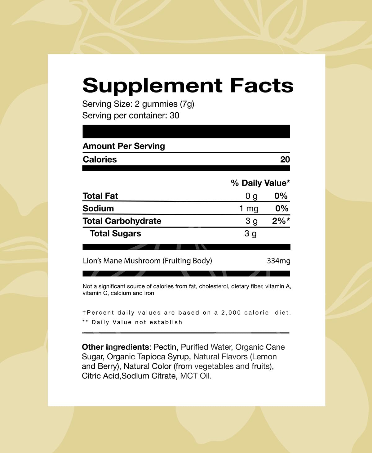 Close-up of Lion's Mane gummy highlighting lemon berry flavor and fruiting body extract.