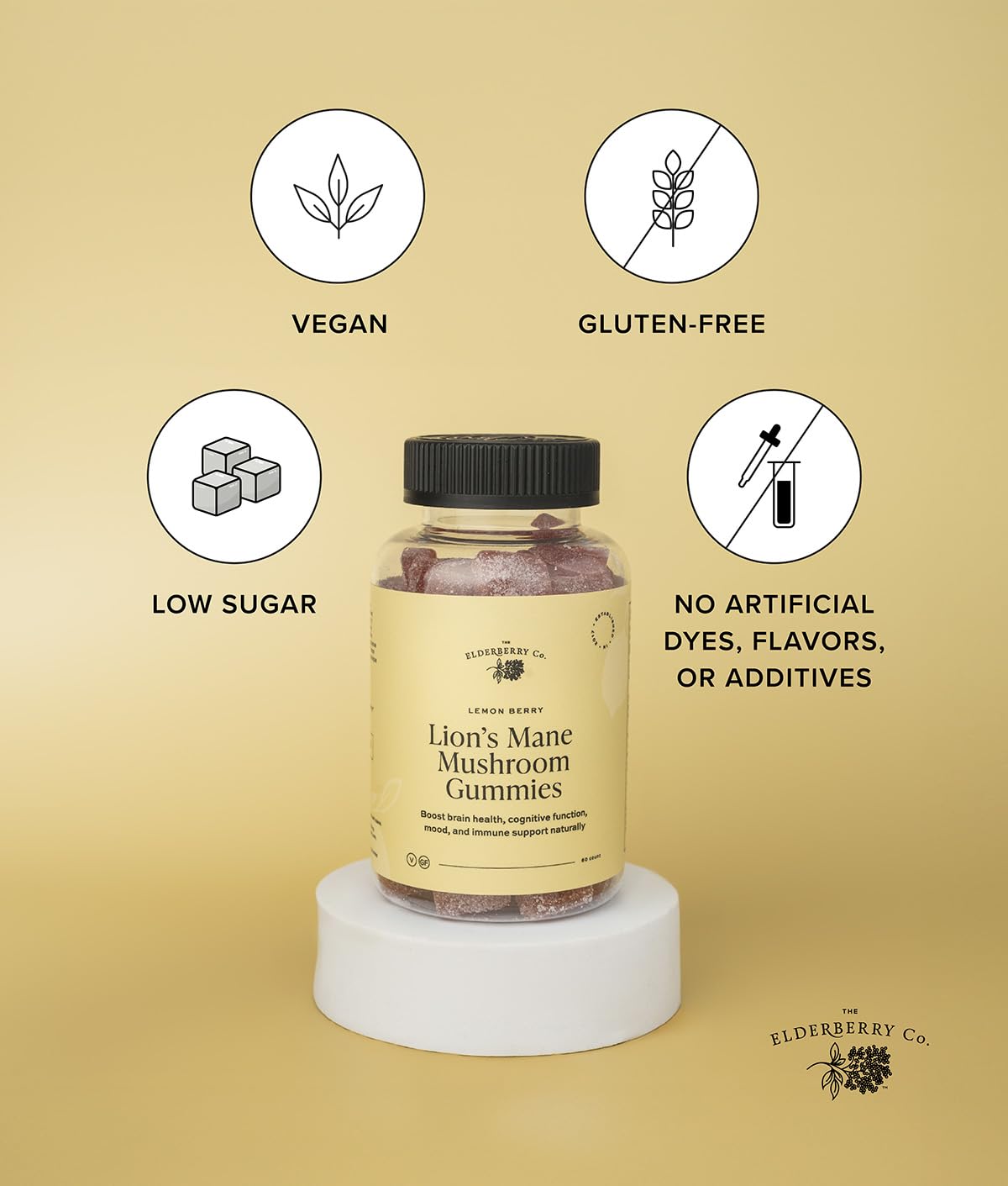 The Elderberry Co. Lion's Mane Gummies label shows lemon berry flavor and focus support.