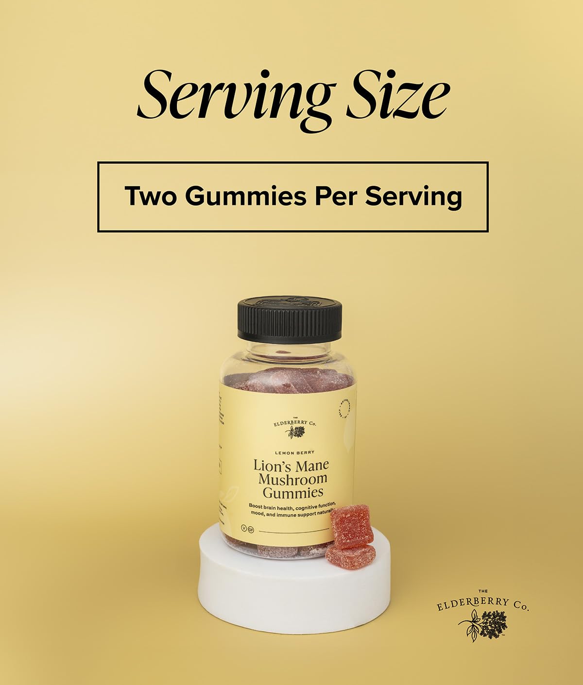 The Elderberry Co. Lion's Mane Gummies texture close-up shows chewy consistency.