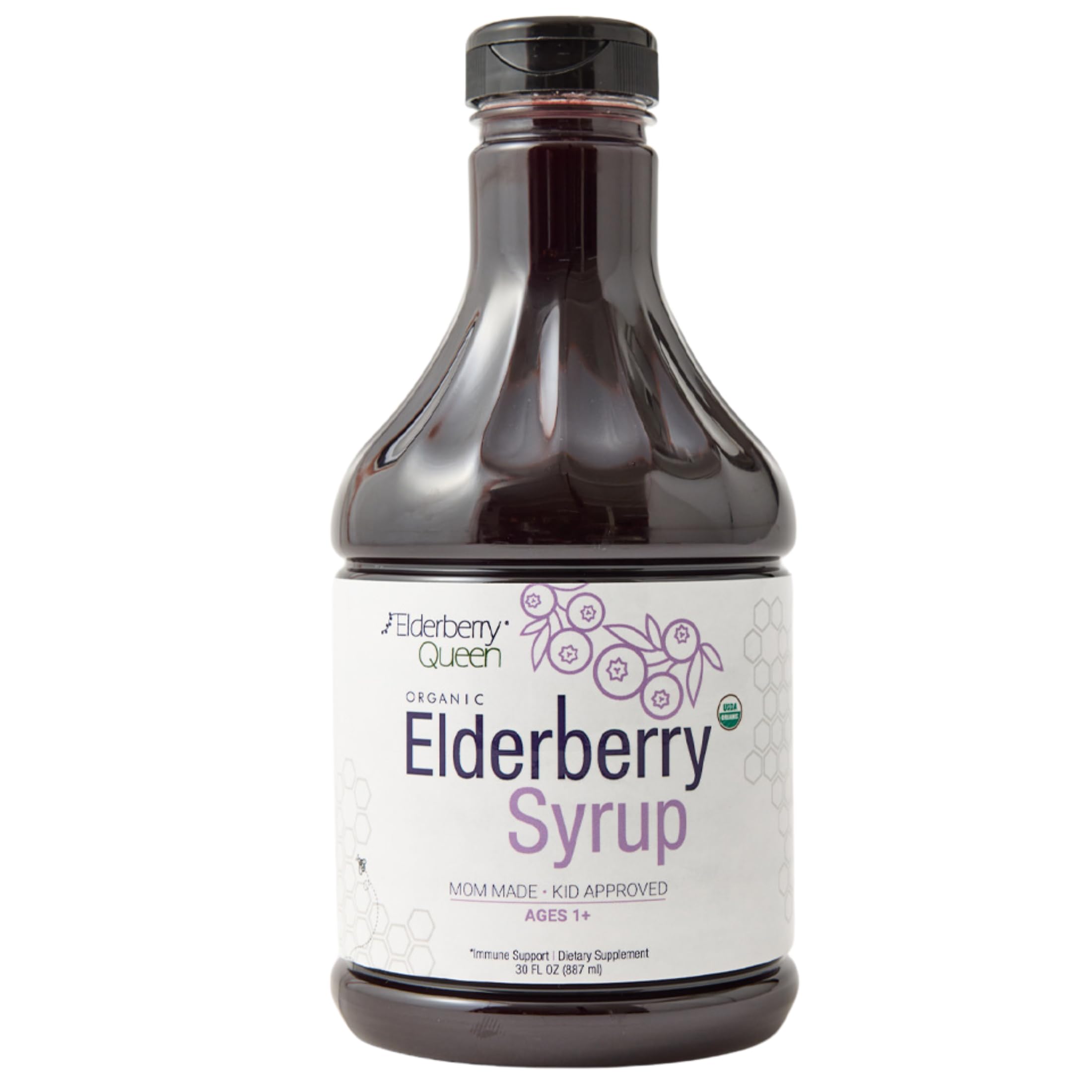 Elderberry Queen bottle pour enables easy family dosing and quick serving.