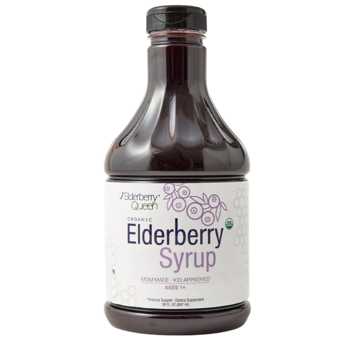 Elderberry Queen bottle pour enables easy family dosing and quick serving.