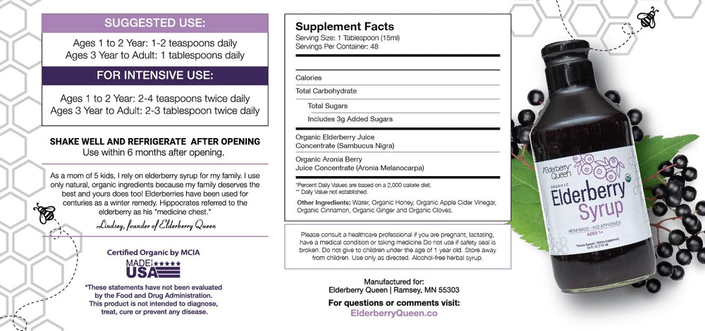 Elderberry Queen label closeup shows USDA Organic certification.