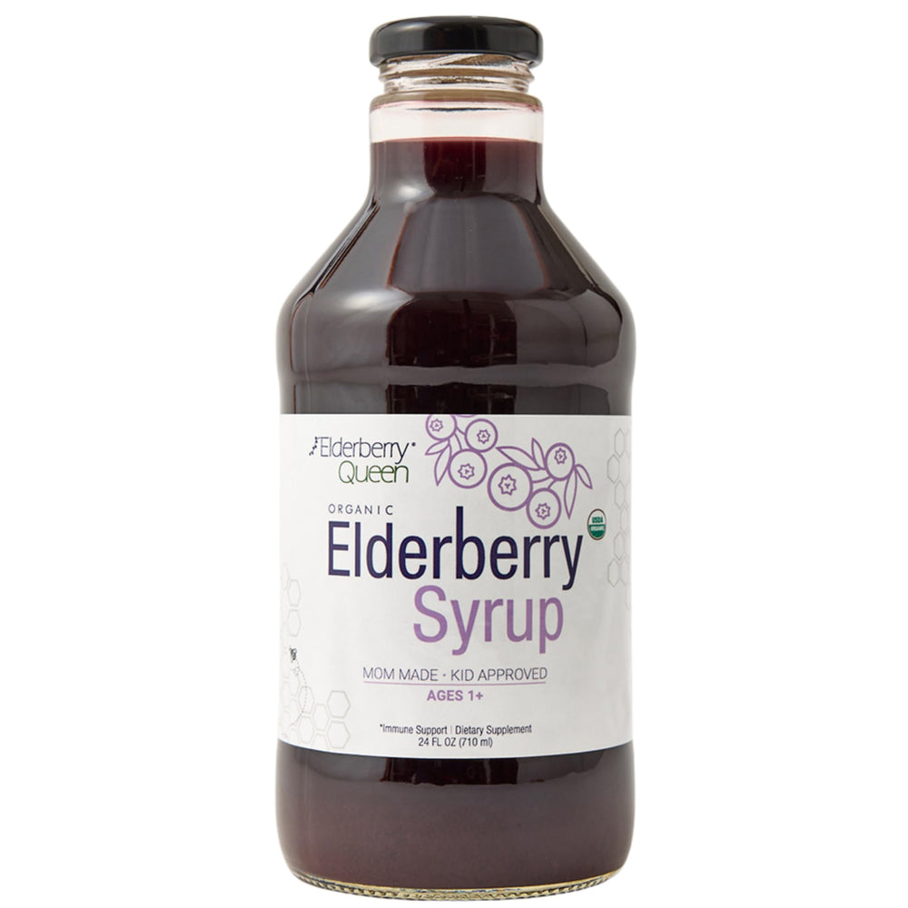Elderberry Queen organic syrup bottle showing natural ingredients for family daily use.