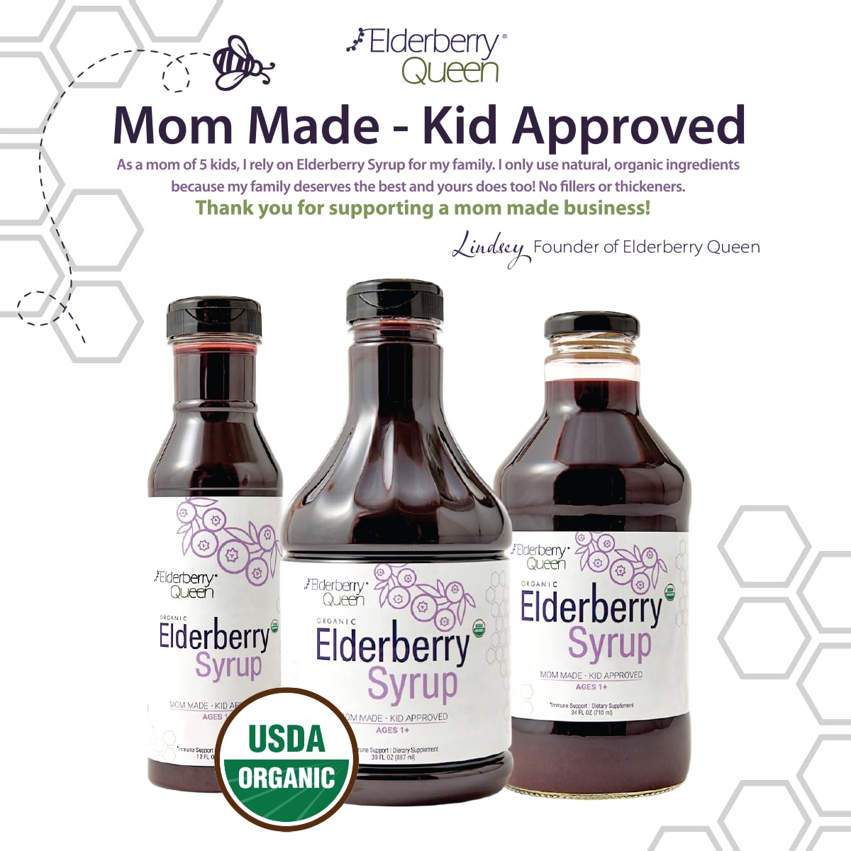 Elderberry Queen USDA Organic emblem reinforces clean label.