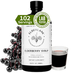 Elderlane Elderberry Syrup bottle with label highlights gluten-free immune support