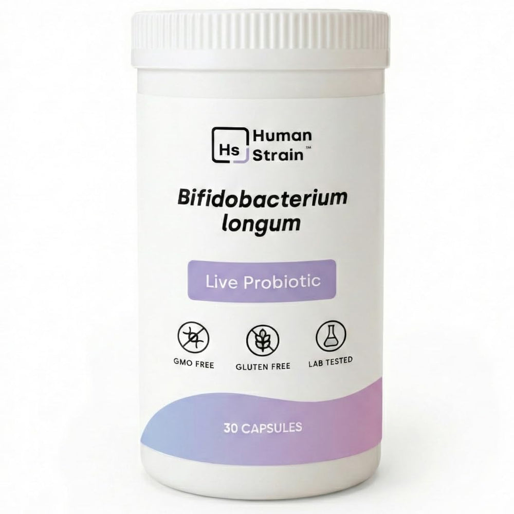 Element Longevity probiotic bottle showing human-strain Bifidobacterium longum for gut-brain support.