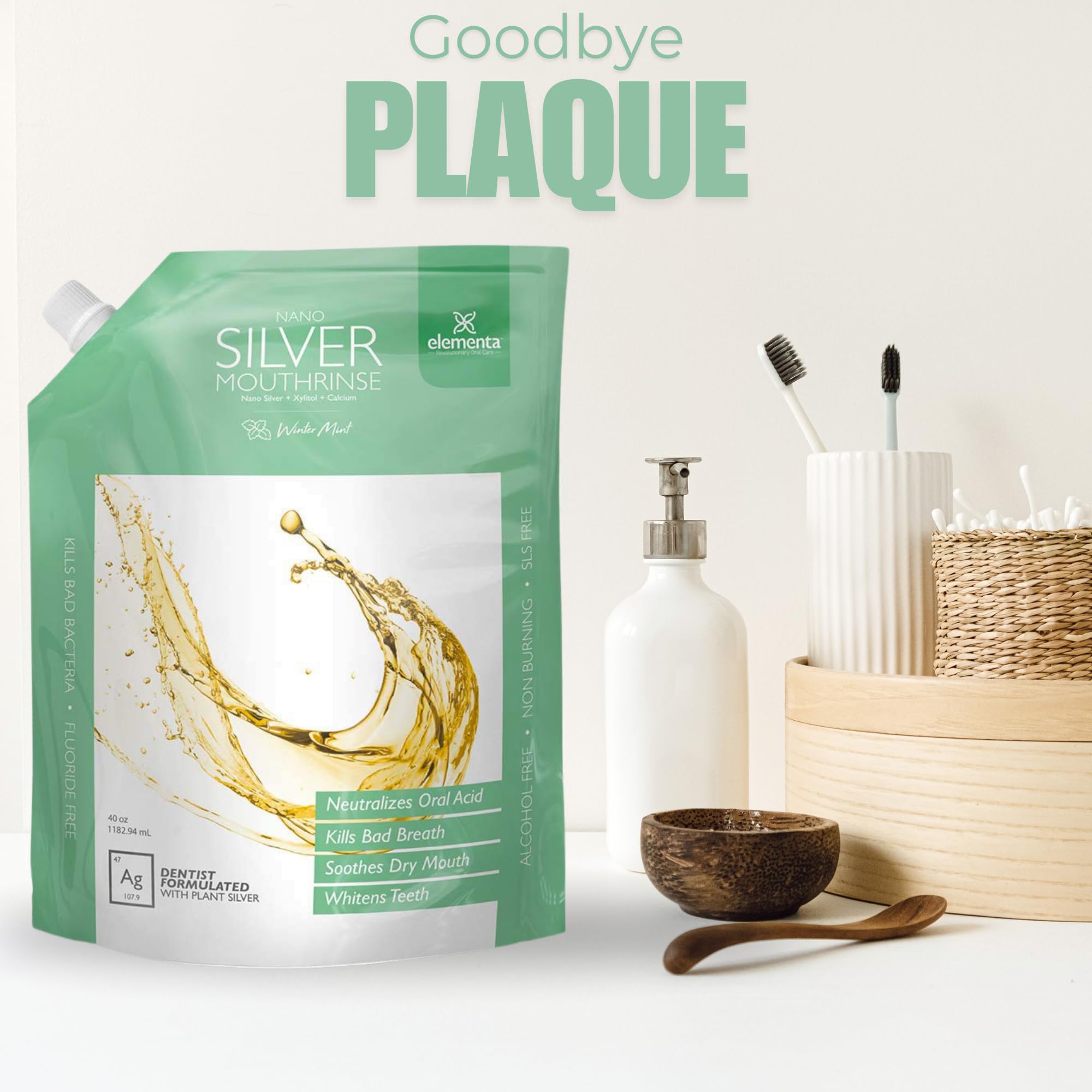 Elementa Silver mouthwash promotes fresh breath and confidence with xylitol support.