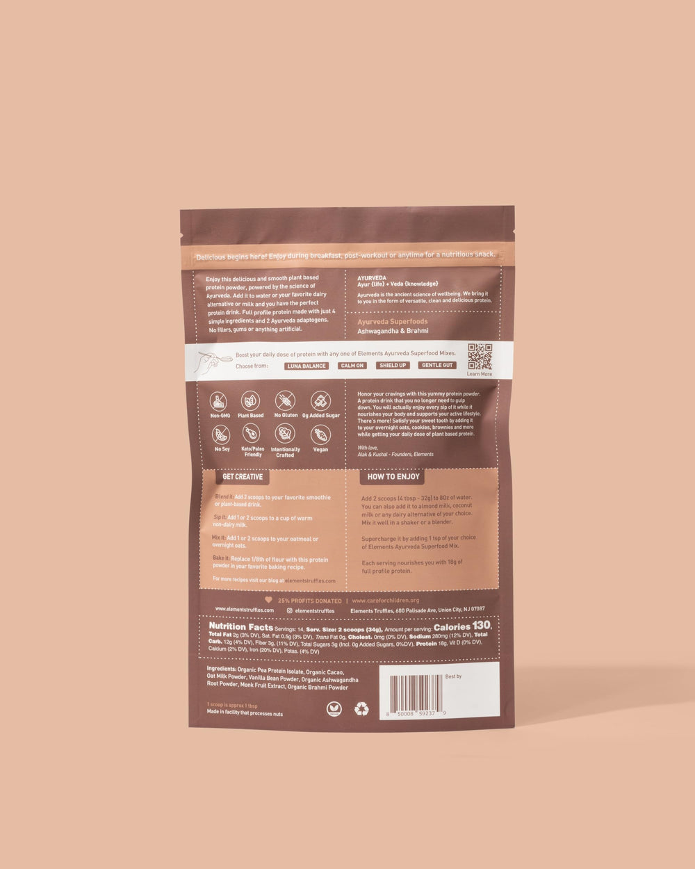 Elements Truffles pea protein scoop with chocolate powder for shakes