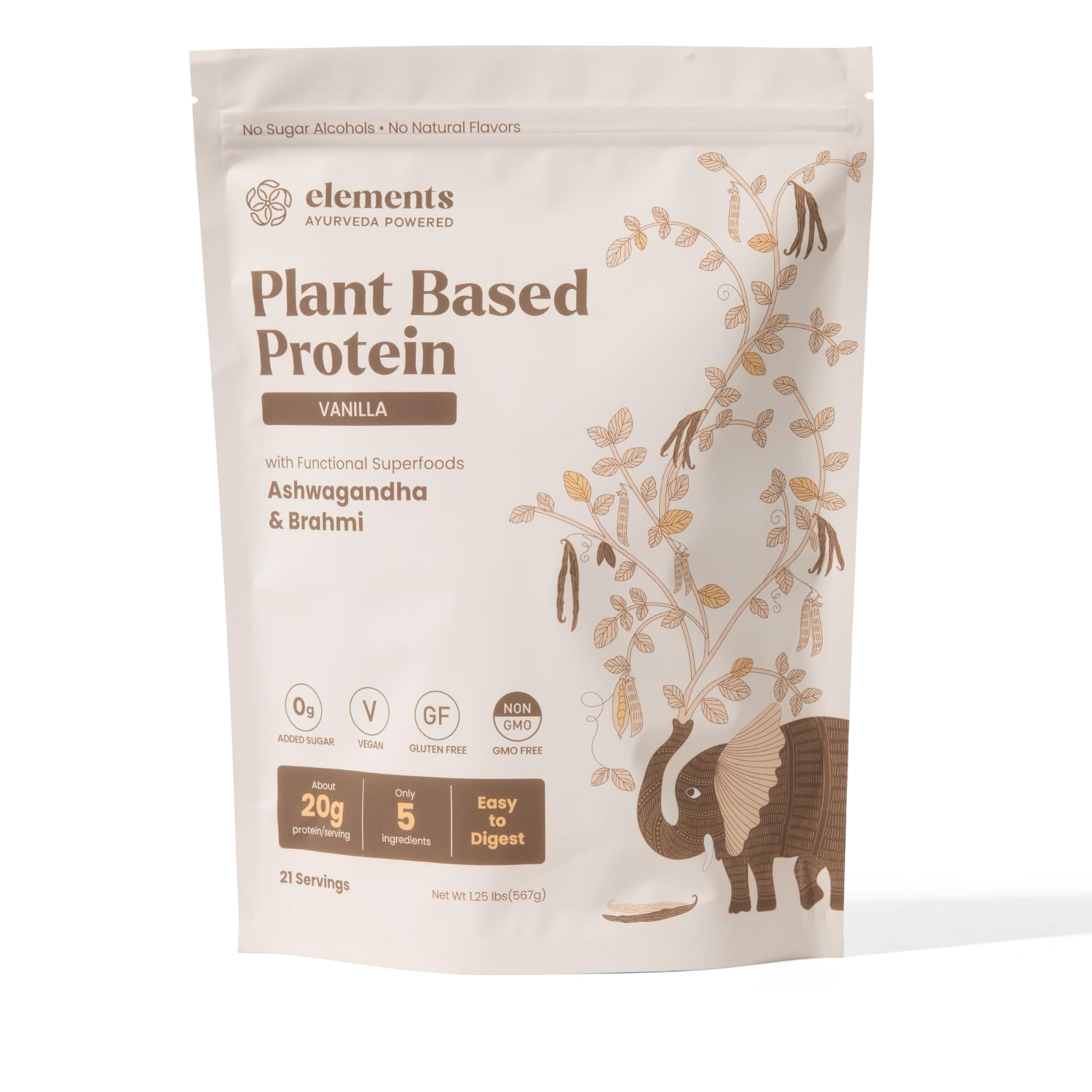 Elements Truffles Vanilla Plant Based Protein Powder bottle for smoothies and baking.