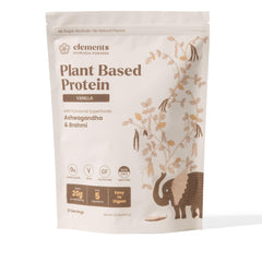 Elements Truffles Vanilla Plant Based Protein Powder bottle for smoothies and baking.