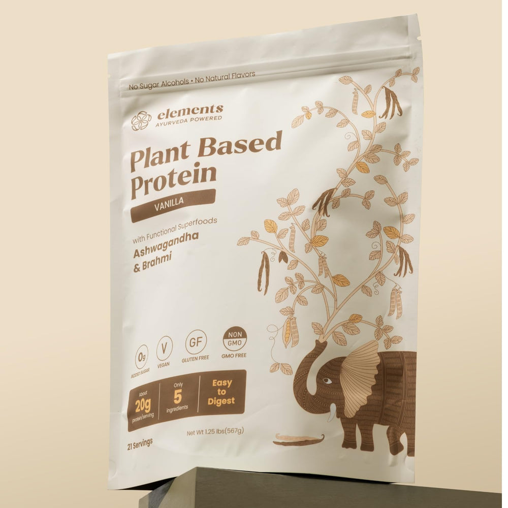 Elements Truffles Vanilla Protein Powder packaging emphasizes gluten-free, no added sugar, plant-based nutrition.