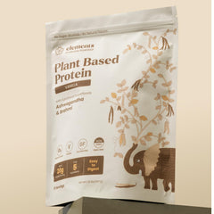 Elements Truffles Vanilla Protein Powder packaging emphasizes gluten-free, no added sugar, plant-based nutrition.