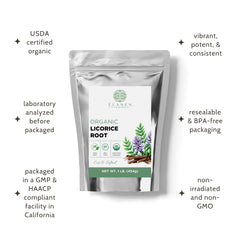 Elanen Naturals Glycyrrhiza glabra dried roots with bright, sweet aroma.