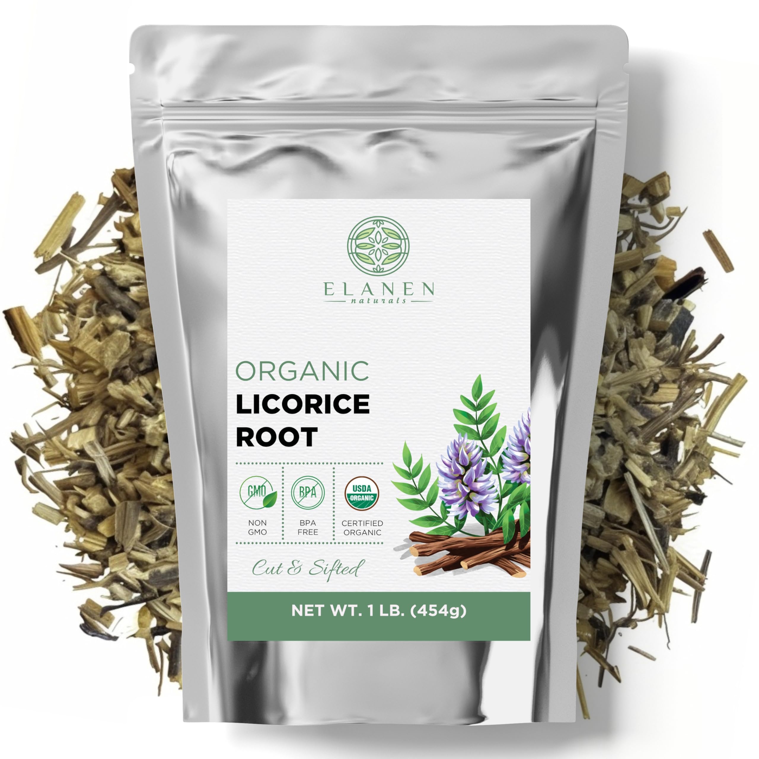 Elanen Naturals licorice root bulk chips for rich infusions and blends.