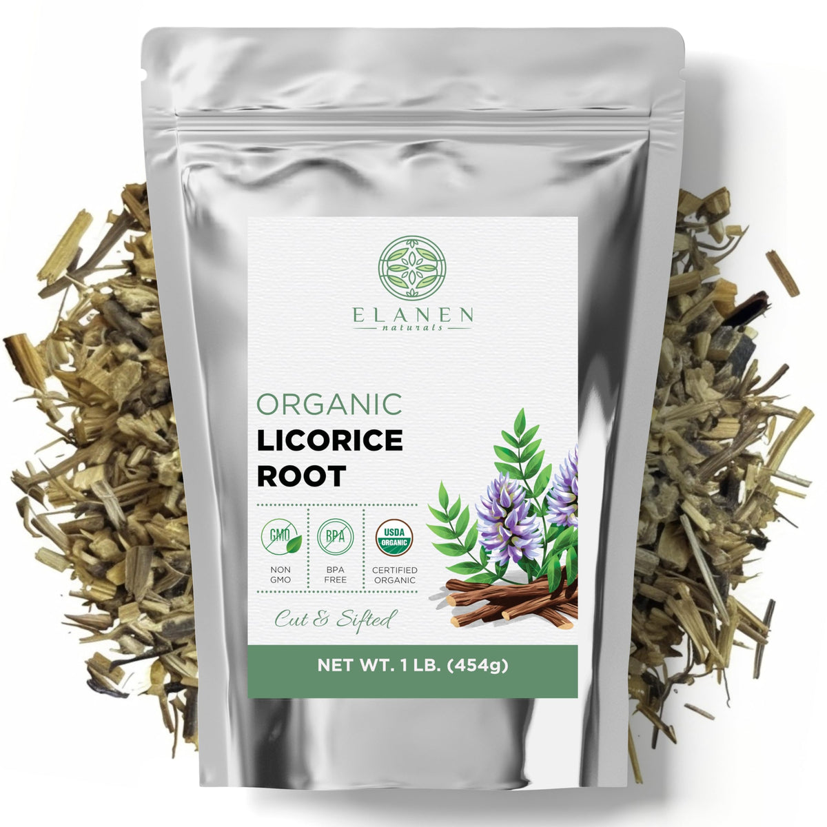 Elanen Naturals licorice root bulk chips for rich infusions and blends.