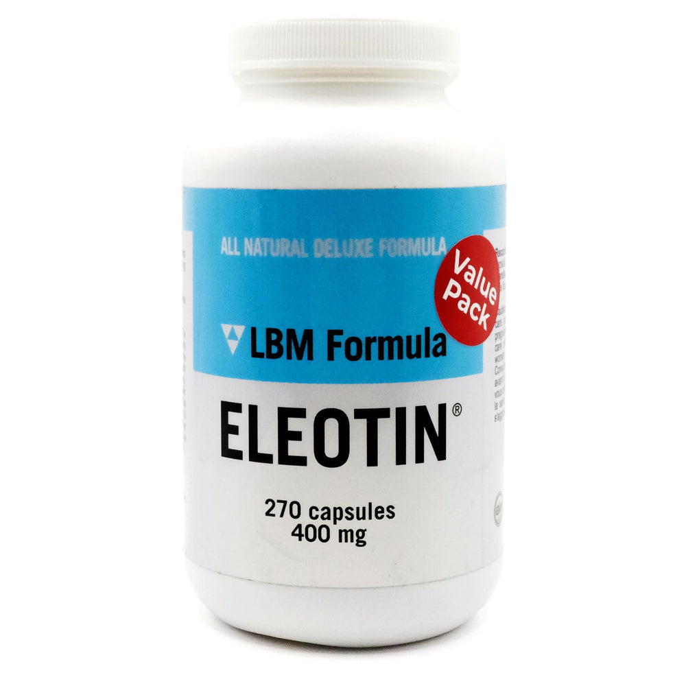 Close-up of Eleotin LBM capsules with 400 mg dosage.