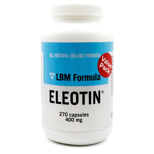 Close-up of Eleotin LBM capsules with 400 mg dosage.